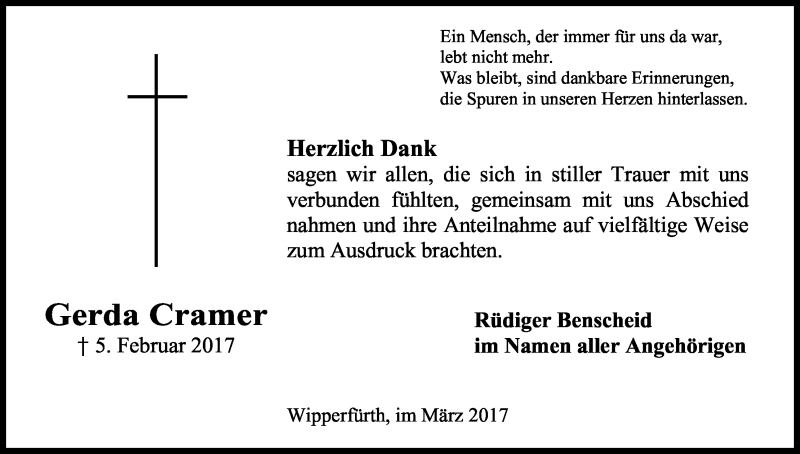  Traueranzeige für Gerda Cramer vom 11.03.2017 aus Kölner Stadt-Anzeiger / Kölnische Rundschau / Express
