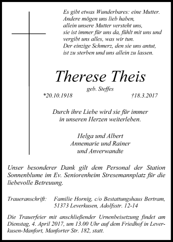 Anzeige von Therese Theis von Kölner Stadt-Anzeiger / Kölnische Rundschau / Express