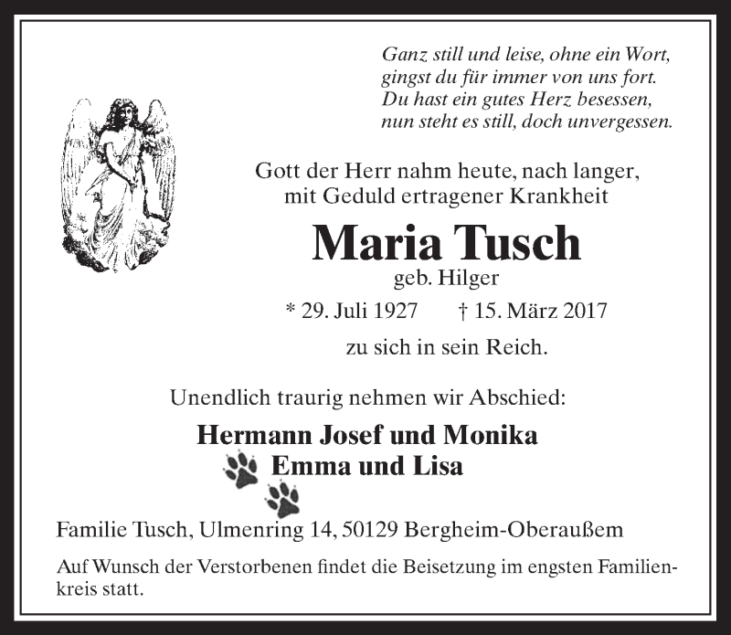  Traueranzeige für Maria Tusch vom 22.03.2017 aus  Werbepost 