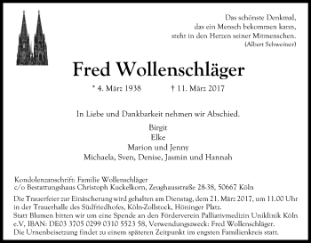 Anzeige von Fred Wollenschläger von Kölner Stadt-Anzeiger / Kölnische Rundschau / Express