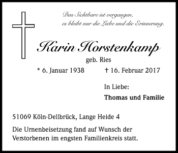 Anzeige von Karin Horstenkamp von Kölner Stadt-Anzeiger / Kölnische Rundschau / Express