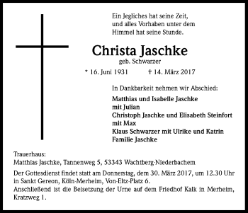 Anzeige von Christa Jaschke von Kölner Stadt-Anzeiger / Kölnische Rundschau / Express