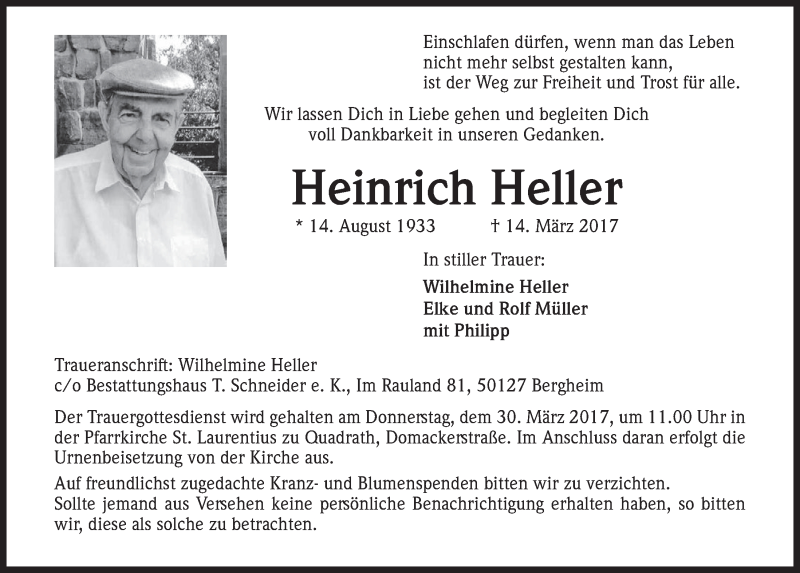  Traueranzeige für Heinrich Heller vom 22.03.2017 aus  Werbepost 