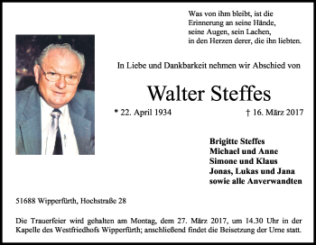Anzeige von Walter Steffes von Kölner Stadt-Anzeiger / Kölnische Rundschau / Express