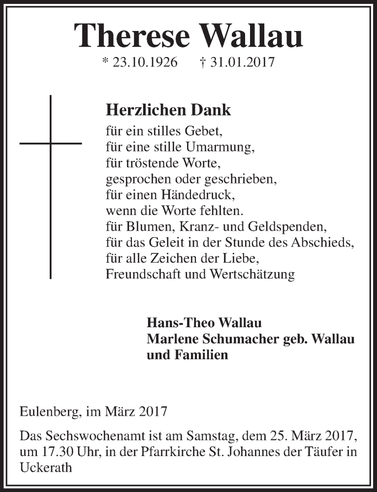  Traueranzeige für Therese Wallau vom 15.03.2017 aus  Extra Blatt 