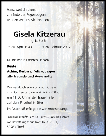 Anzeige von Gisela Kitzerau von Kölner Stadt-Anzeiger / Kölnische Rundschau / Express