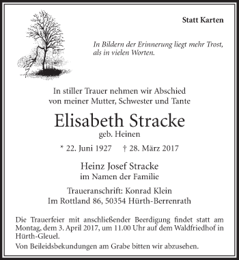 Anzeige von Elisabeth Stracke von  Sonntags-Post 