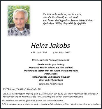 Anzeige von Heinz Jakobs von Kölner Stadt-Anzeiger / Kölnische Rundschau / Express