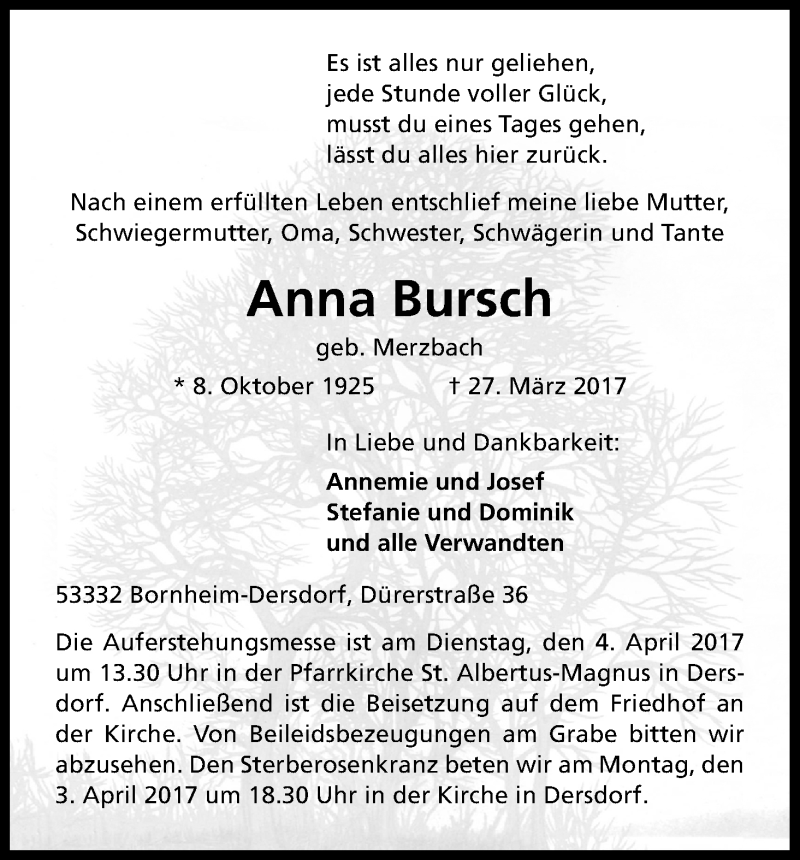  Traueranzeige für Anna Bursch vom 30.03.2017 aus Kölner Stadt-Anzeiger / Kölnische Rundschau / Express