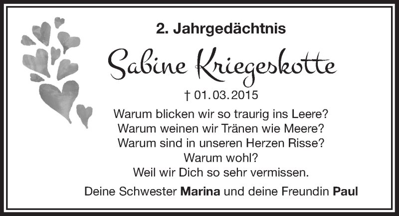  Traueranzeige für Sabine Kriegeskotte vom 08.03.2017 aus  Lokalanzeiger 