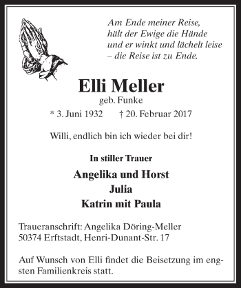 Anzeige von Elli Meller von  Wochenende 