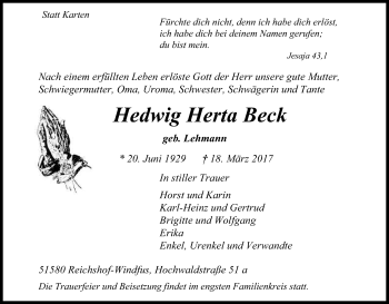 Anzeige von Hedwig Herta Beck von Kölner Stadt-Anzeiger / Kölnische Rundschau / Express