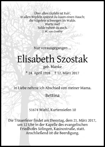 Anzeige von Elisabeth Szostak von Kölner Stadt-Anzeiger / Kölnische Rundschau / Express