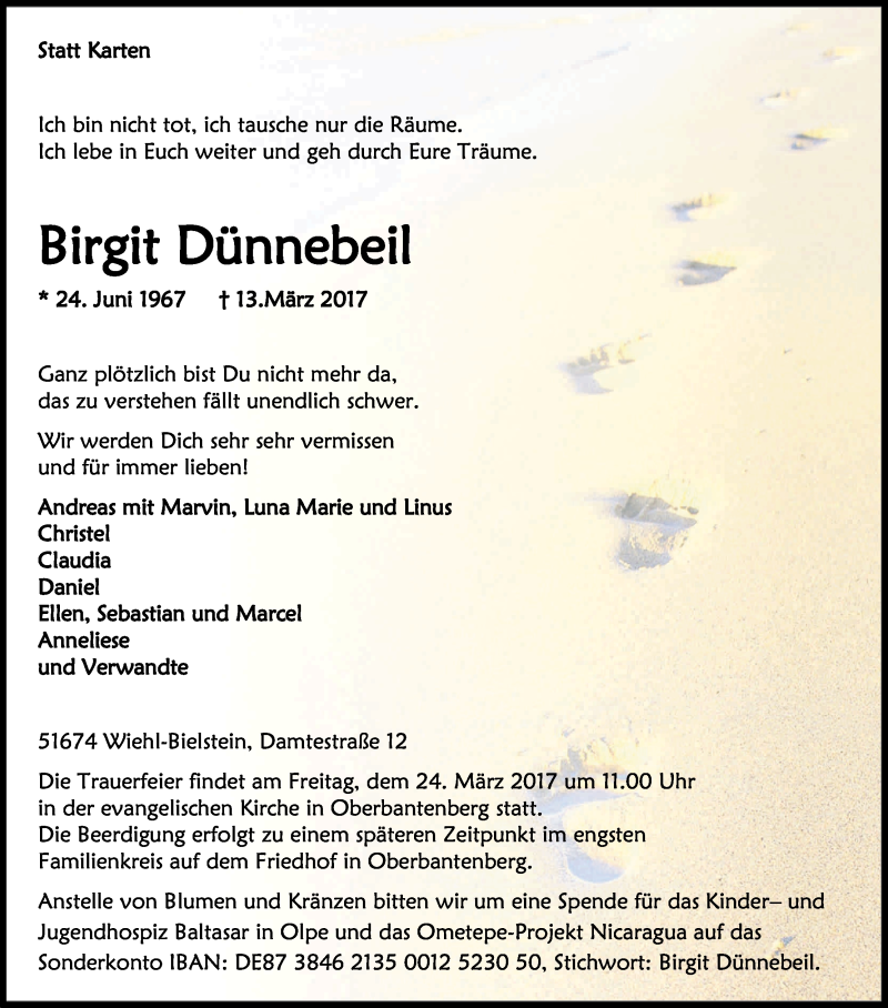  Traueranzeige für Birgit Dünnebeil vom 18.03.2017 aus Kölner Stadt-Anzeiger / Kölnische Rundschau / Express