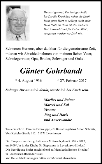 Anzeige von Günter Gohrbandt von Kölner Stadt-Anzeiger / Kölnische Rundschau / Express