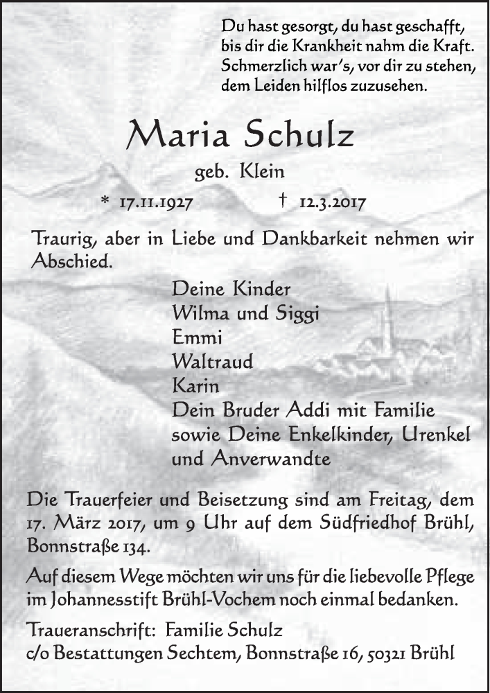  Traueranzeige für Maria Schulz vom 15.03.2017 aus  Schlossbote/Werbekurier 