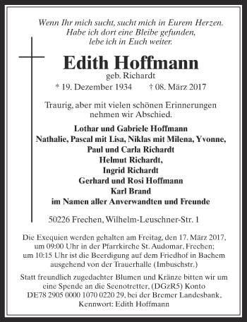 Anzeige von Edith Hoffmann von  Wochenende 