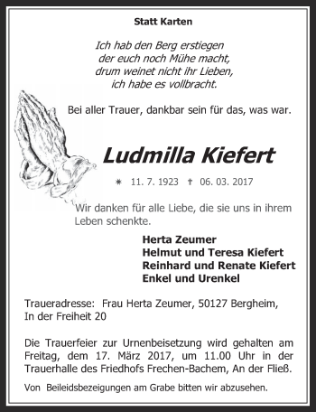 Anzeige von Ludmila Kiefert von  Wochenende 
