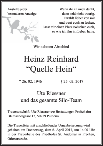 Anzeige von Heinz Reinhard von  Sonntags-Post 
