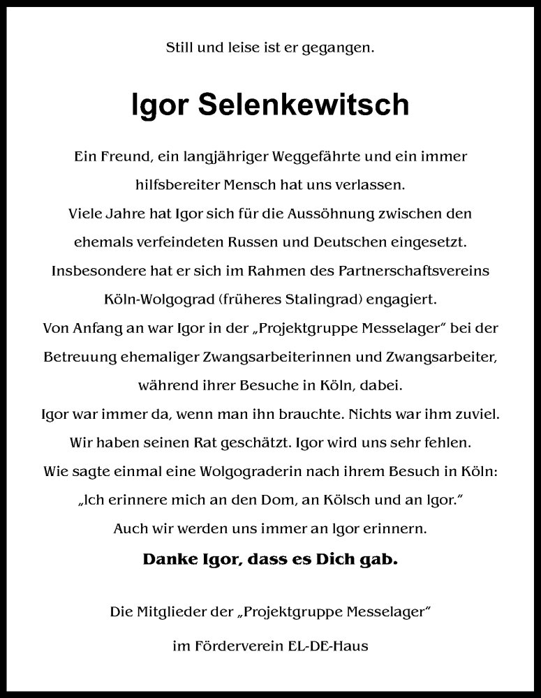  Traueranzeige für Igor Selenkewitsch vom 25.03.2017 aus Kölner Stadt-Anzeiger / Kölnische Rundschau / Express