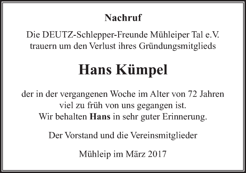  Traueranzeige für Hans Kümpel vom 18.03.2017 aus  Rhein-Sieg-Wochenende 