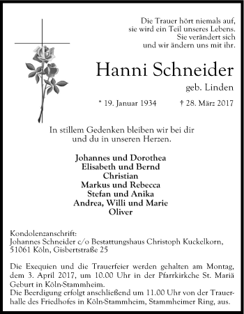 Anzeige von Hanni Schneider von Kölner Stadt-Anzeiger / Kölnische Rundschau / Express