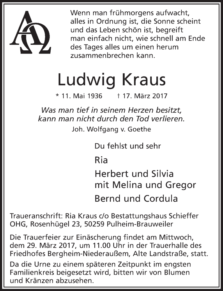  Traueranzeige für Ludwig Kraus vom 25.03.2017 aus  Sonntags-Post 
