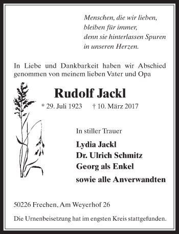 Anzeige von Rudolf Jackl von  Wochenende 
