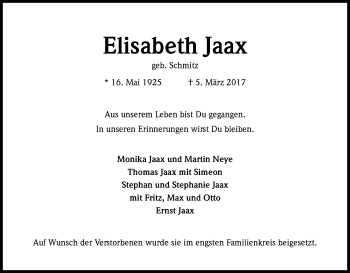 Anzeige von Elisabeth Jaax von Kölner Stadt-Anzeiger / Kölnische Rundschau / Express