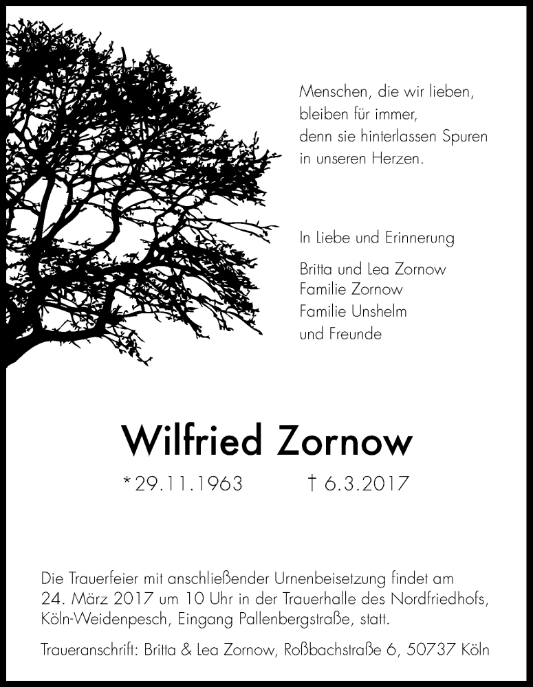  Traueranzeige für Wilfried Zornow vom 18.03.2017 aus Kölner Stadt-Anzeiger / Kölnische Rundschau / Express