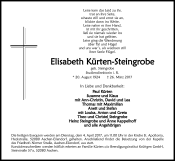 Anzeige von Elisabeth Kürten-Steingrobe von Kölner Stadt-Anzeiger / Kölnische Rundschau / Express