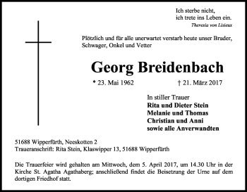 Anzeige von Georg Breidenbach von Kölner Stadt-Anzeiger / Kölnische Rundschau / Express