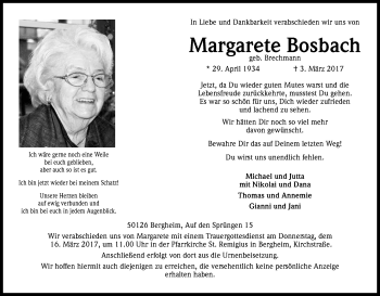 Anzeige von Margarete Bosbach von Kölner Stadt-Anzeiger / Kölnische Rundschau / Express