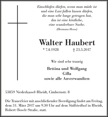 Anzeige von Walter Haubert von  Extra Blatt 