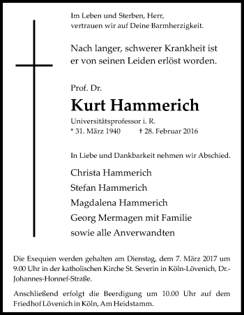 Anzeige von Kurt Hammerich von Kölner Stadt-Anzeiger / Kölnische Rundschau / Express