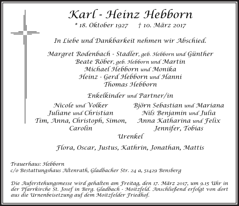  Traueranzeige für Karl-Heinz Hebborn vom 15.03.2017 aus  Bergisches Handelsblatt 