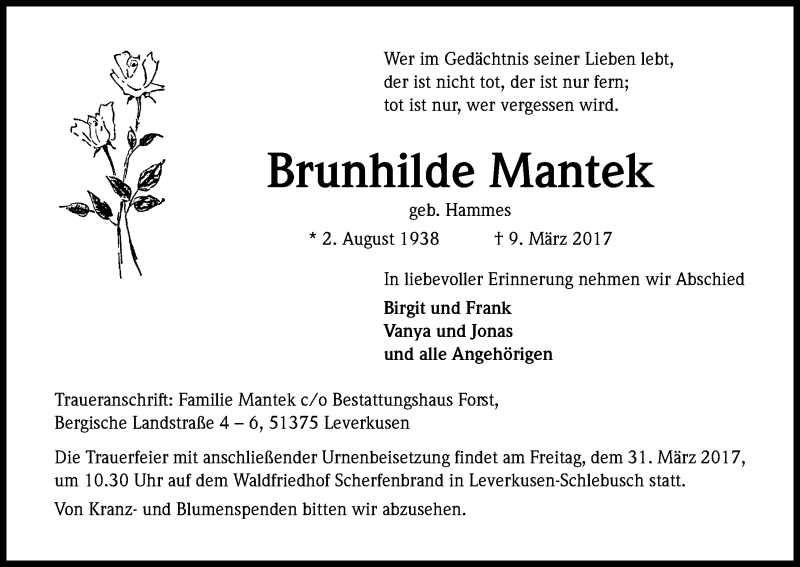  Traueranzeige für Brunhilde Mantek vom 25.03.2017 aus Kölner Stadt-Anzeiger / Kölnische Rundschau / Express