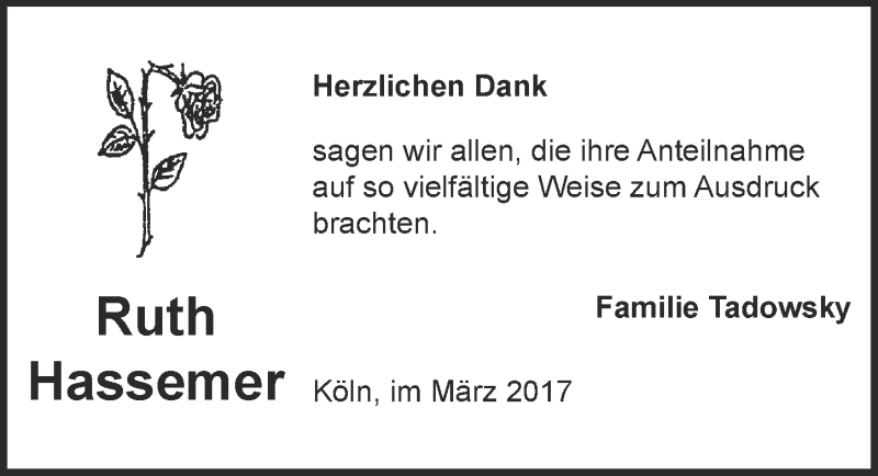  Traueranzeige für Ruth Hassemer vom 22.03.2017 aus  Kölner Wochenspiegel 