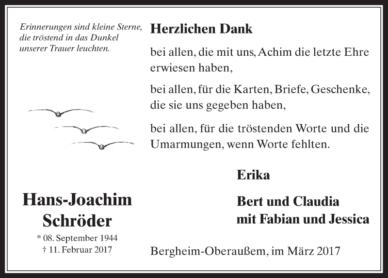  Traueranzeige für Hans-Joachim Schröder vom 22.03.2017 aus  Werbepost 