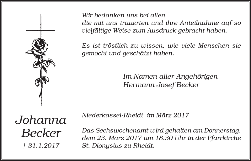 Traueranzeige für Johanna Becker vom 15.03.2017 aus  Extra Blatt 