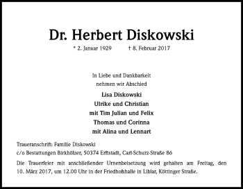 Anzeige von Herbert Diskowski von Kölner Stadt-Anzeiger / Kölnische Rundschau / Express