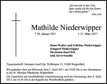 Anzeige von Mathilde Niederwipper von Kölner Stadt-Anzeiger / Kölnische Rundschau / Express