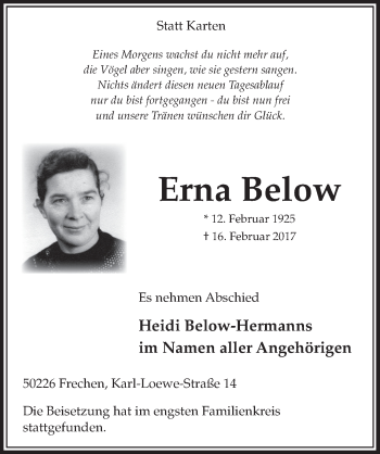 Anzeige von Erna Below von  Sonntags-Post 