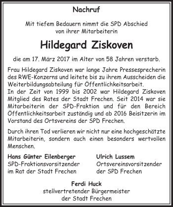 Anzeige von Hildegard Ziskoven von  Sonntags-Post 