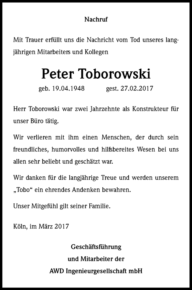  Traueranzeige für Peter Toborowski vom 11.03.2017 aus Kölner Stadt-Anzeiger / Kölnische Rundschau / Express
