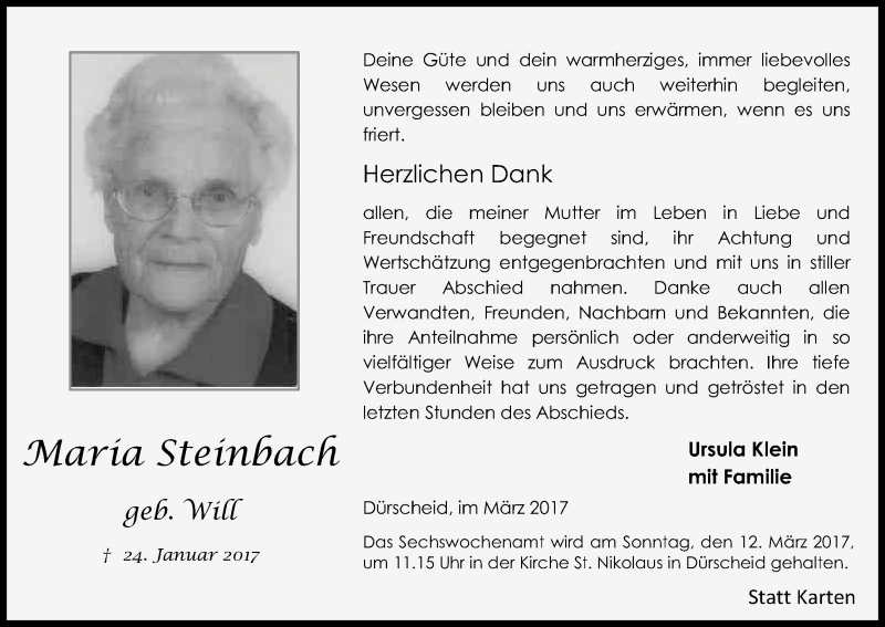 Traueranzeige für Maria Steinbach vom 08.03.2017 aus Kölner Stadt-Anzeiger / Kölnische Rundschau / Express