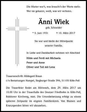 Anzeige von Änni Wiek von Kölner Stadt-Anzeiger / Kölnische Rundschau / Express
