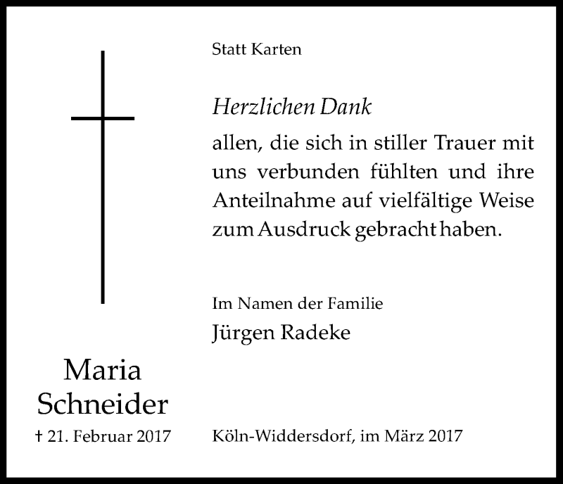  Traueranzeige für Maria Schneider vom 11.03.2017 aus Kölner Stadt-Anzeiger / Kölnische Rundschau / Express
