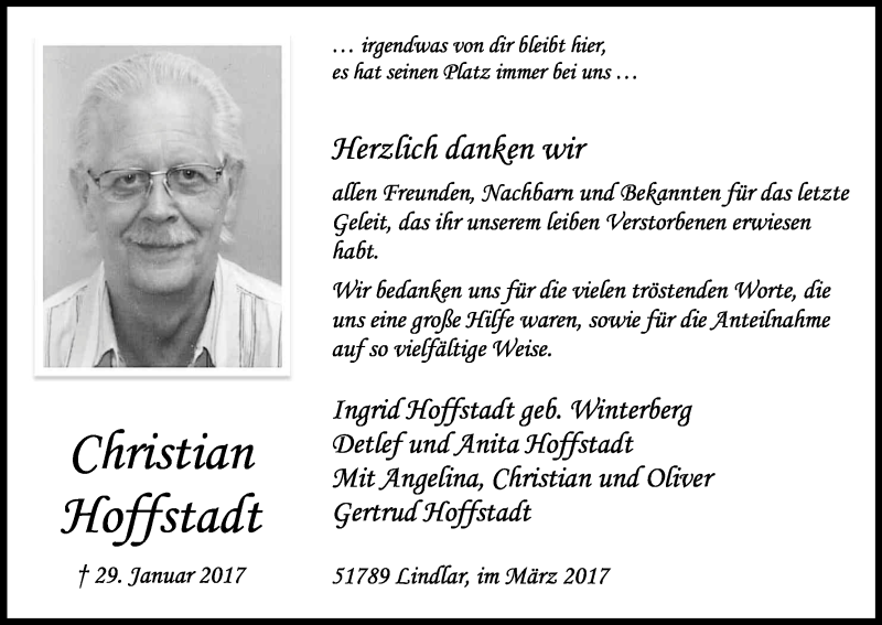  Traueranzeige für Christian Hoffstadt vom 18.03.2017 aus Kölner Stadt-Anzeiger / Kölnische Rundschau / Express