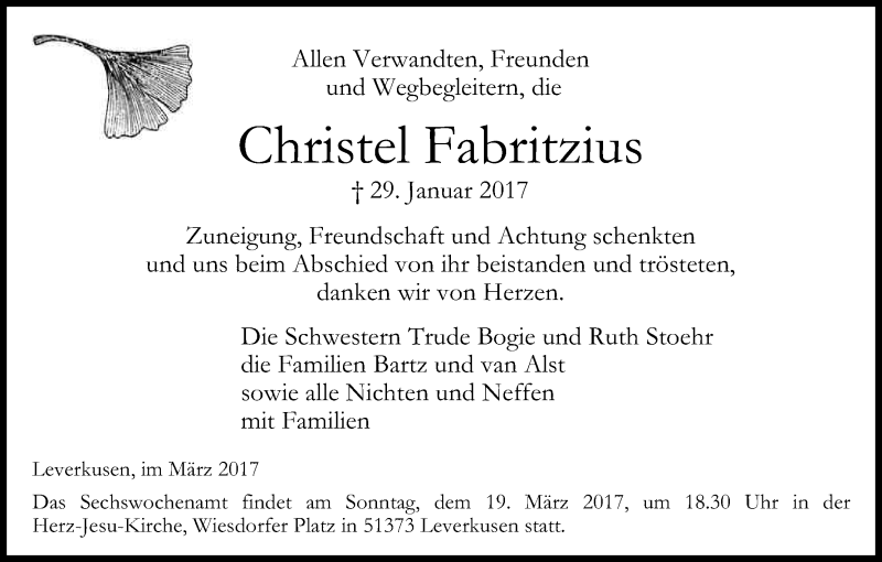  Traueranzeige für Christel Fabritzius vom 11.03.2017 aus Kölner Stadt-Anzeiger / Kölnische Rundschau / Express